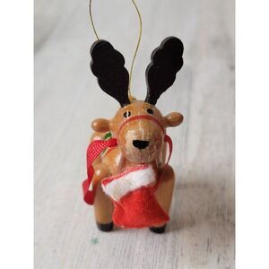 Wooden reindeer stocking mistletoe ornament Xmas decor